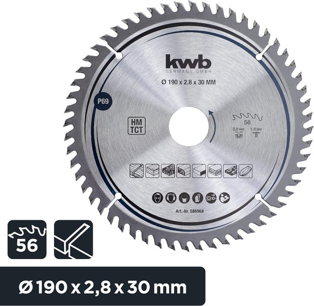 kwb Kreissägeblatt 190 x 30 mm, sehr feiner Schnitt, Sägeblatt geeignet für Arbeitsplatten, Holz und beschichtete Platten