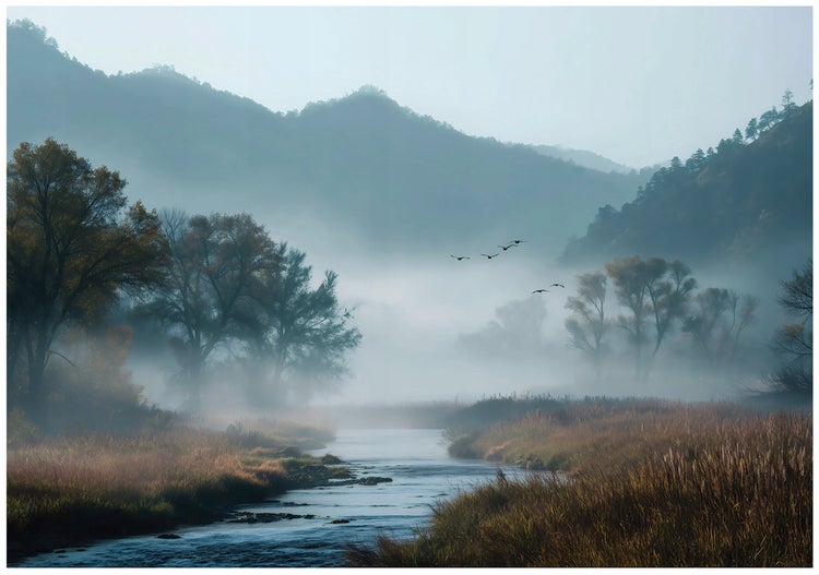 Landschaft mit Fluss, Bäumen und Bergen im Nebel