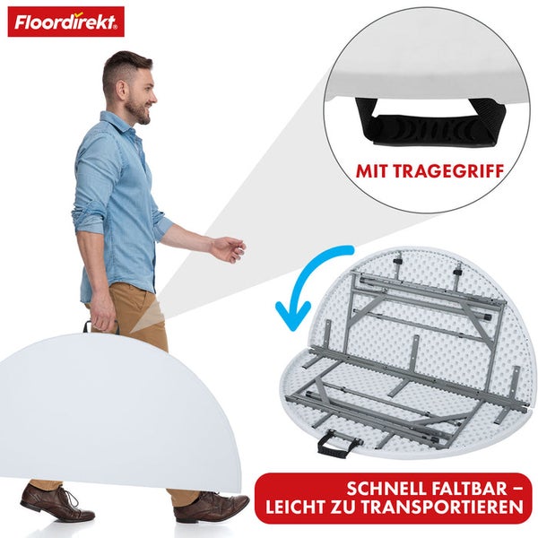Ein Mann trägt einen zusammengeklappten runden Kunststofftisch am Tragegriff. Schnell faltbar und leicht zu transportieren. Floordirekt Logo.