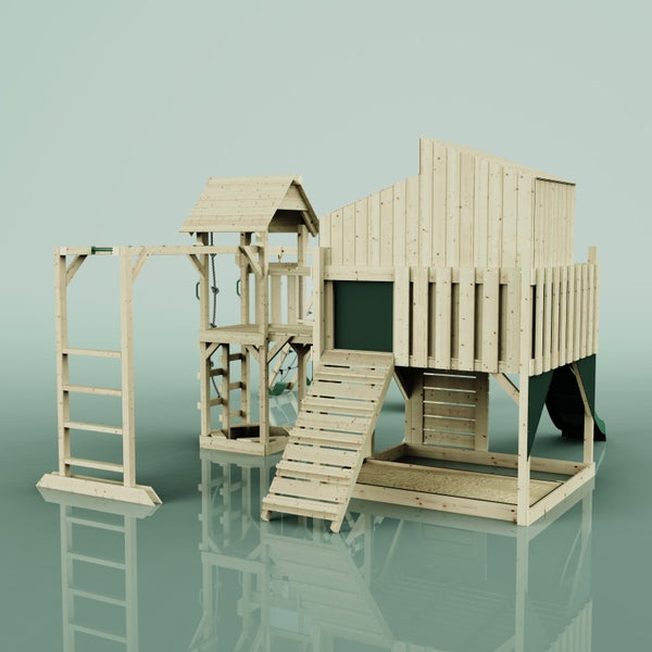 Holzspielplatz mit Rutsche, Leiter, Schaukel und Sandkasten