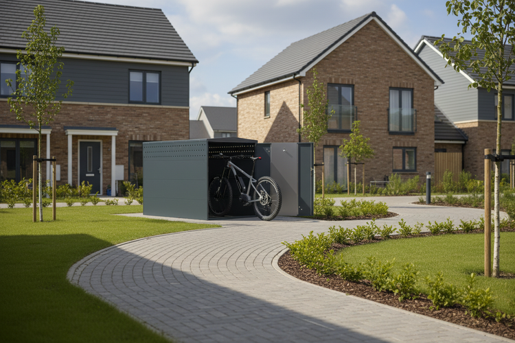 Fahrradbox mit Fahrrad vor Wohnhäusern