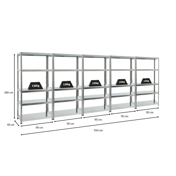 PROREGAL Mega Deal 5x Schwerlastregal Steel Eagle HxBxT 180 x 90 x 40 cm Fachlast 130 kg Verzinkt
