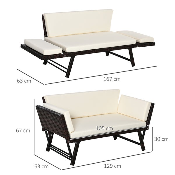 Outsunny Polyrattan Gartensofa, 2 Sitzer Loungesofa, klappbar Armlehnen, 129 x 63 x 67 cm, Stahl, Braun
