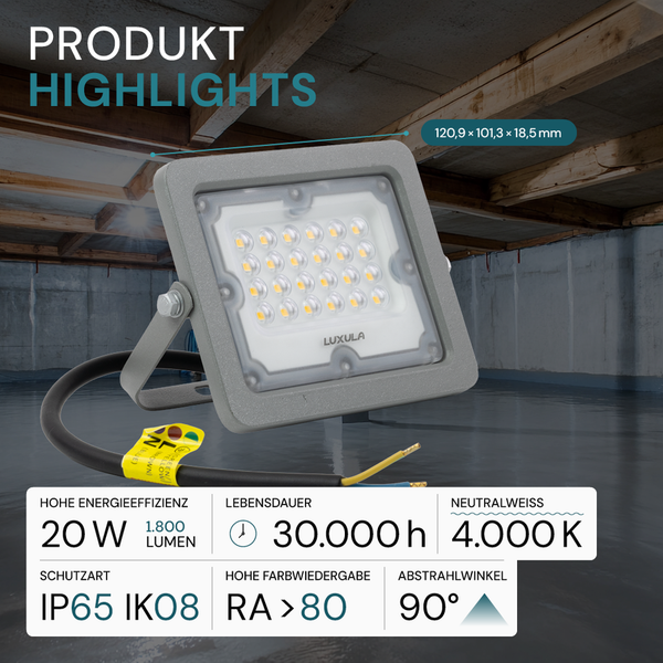Luxula LED Strahler mit 20 Watt, 1800 Lumen, IP65 und IK08 Schutzart
