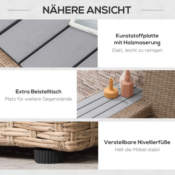 Detailansichten von Gartenmöbeln aus Rattan mit Kunststoffplatte mit Holzmaserung, integriertem Beistelltisch und verstellbaren Nivellierfüßen.