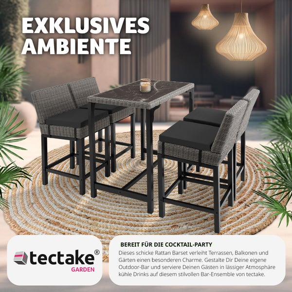 Rattan Tisch Kutina mit 4 Stühlen Latina tectake  Beine aus Holz mit Aluminiumgestellen grau