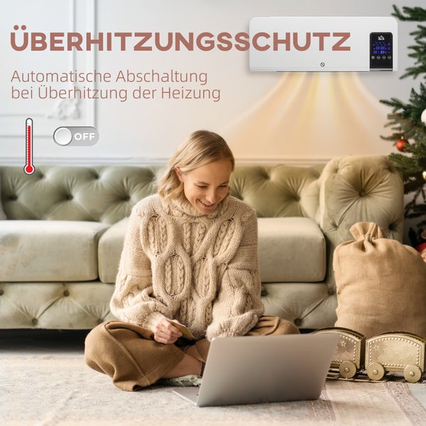 Wohnzimmer mit Frau am Laptop, Wandheizung mit Überhitzungsschutz und automatischer Abschaltung.