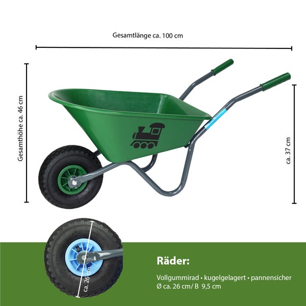 Grüne Kinderschubkarre mit Zugmotiv und Vollgummirad
