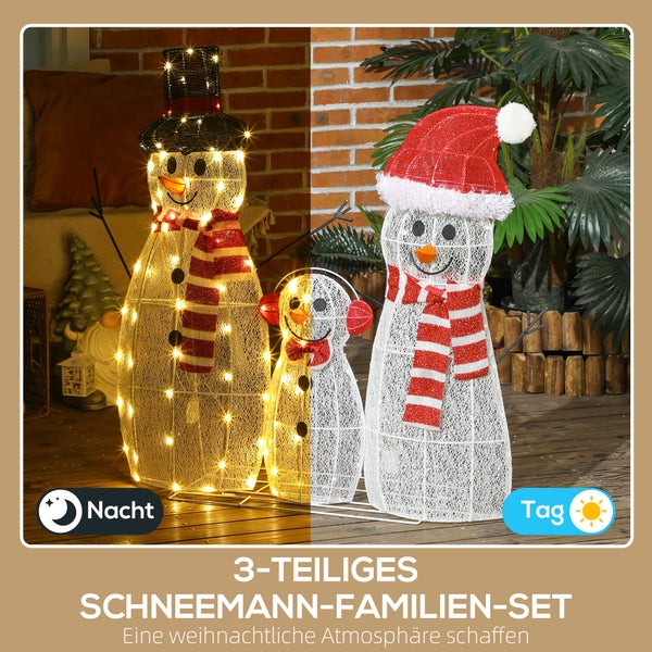 Dreiteiliges Schneemann-Familien-Set aus Drahtgeflecht mit Hüten und Schals, beleuchtet, im Vergleich zwischen Tag und Nacht.