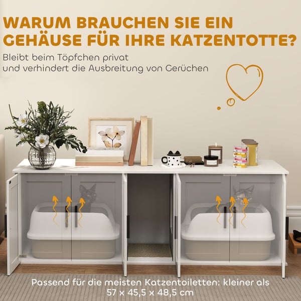 Weißer Katzentoilettenschrank aus Holz mit drei Fächern für Geruchskontrolle. Passend für Toiletten kleiner als 57 mal 45,5 mal 48,5 Zentimeter.