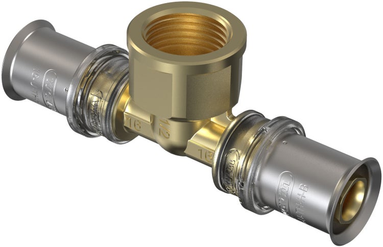 Press-T-Stück mit Innengewinde aus Messing und Edelstahl, 16 Millimeter mal 1/2 Zoll mal 16 Millimeter, Wavin Logo.