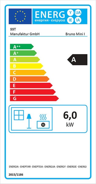 Energielabel für den Bruno Mini I Ofen mit der Energieeffizienzklasse A und einem Energieverbrauch von 6,0 Kilowatt.