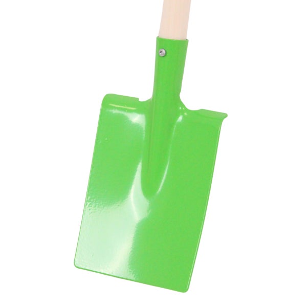 Grüner Spaten aus Metall mit Holzstiel.