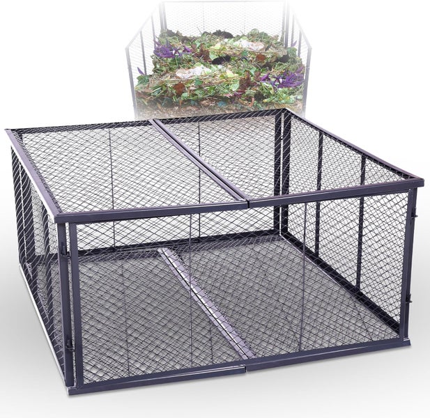 Metall-Komposter aus Drahtgeflecht mit zwei Deckeln für Gartenabfälle und Grünschnitt.