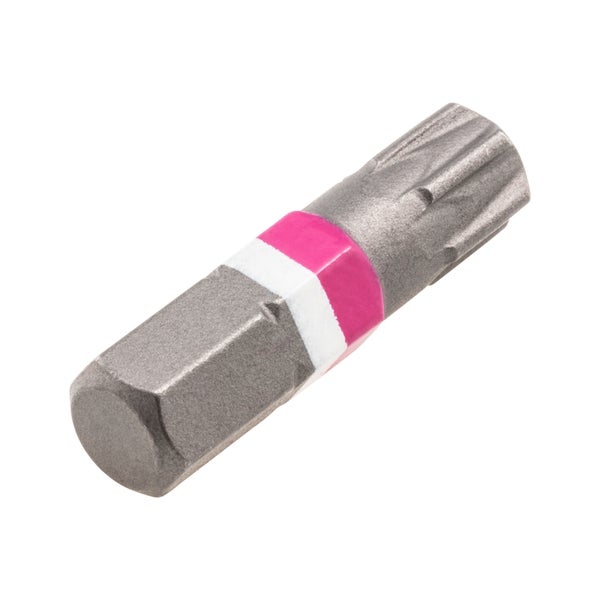 Torx-Bit aus Stahl mit Sechskantschaft und pink-weißen Markierungen.