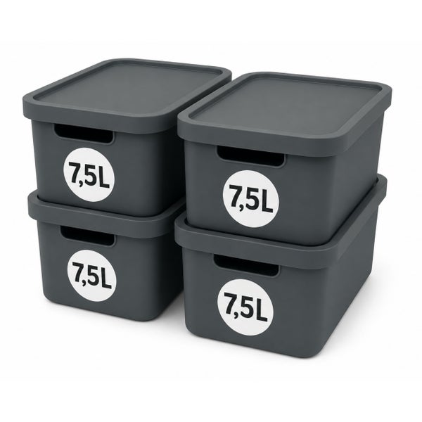 Set aus vier grauen Aufbewahrungsboxen mit Deckel und einem Fassungsvermögen von je 7,5 Liter.
