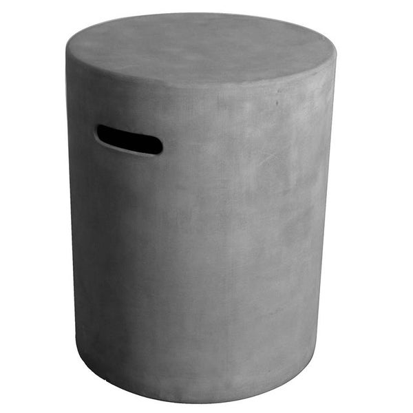 Zylinderförmiger Hocker aus grauem Beton mit seitlicher Grifföffnung für Garten und Terrasse.