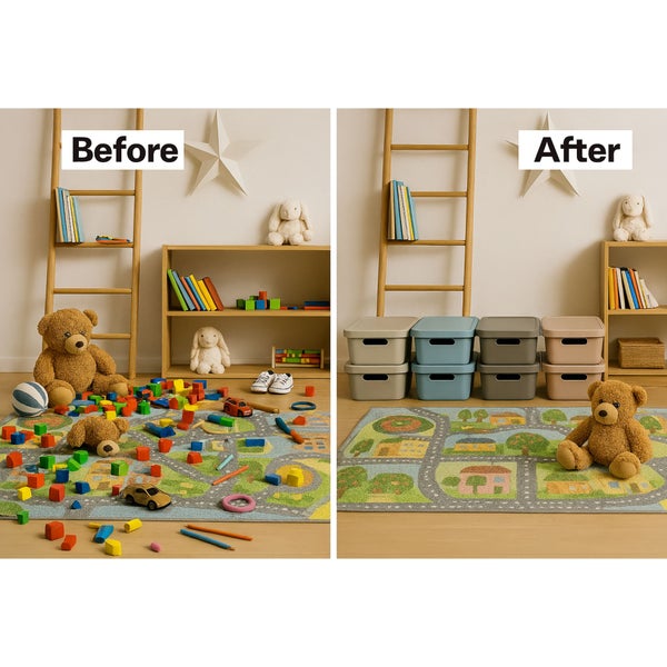 Vorher und Nachher: Ein Kinderzimmer mit Spielzeug und Aufbewahrungsboxen