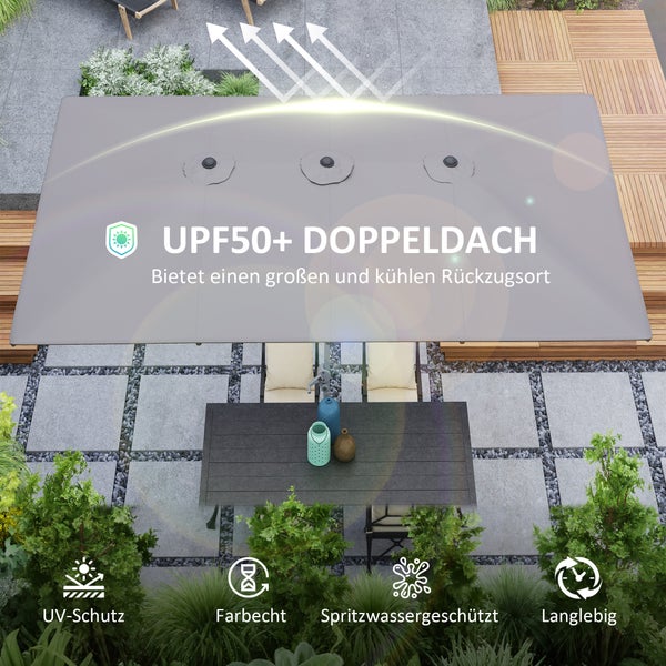 Outsunny Doppelsonnenschirm mit Kurbel 451 x 264 cm, UV Schutz 50+ Sonnenschirm, windfest Gartenschirm Balkonschirm Aluminium Marktschirm Sonnenschutz für Balkon Terrasse Garten Dunkelgrau