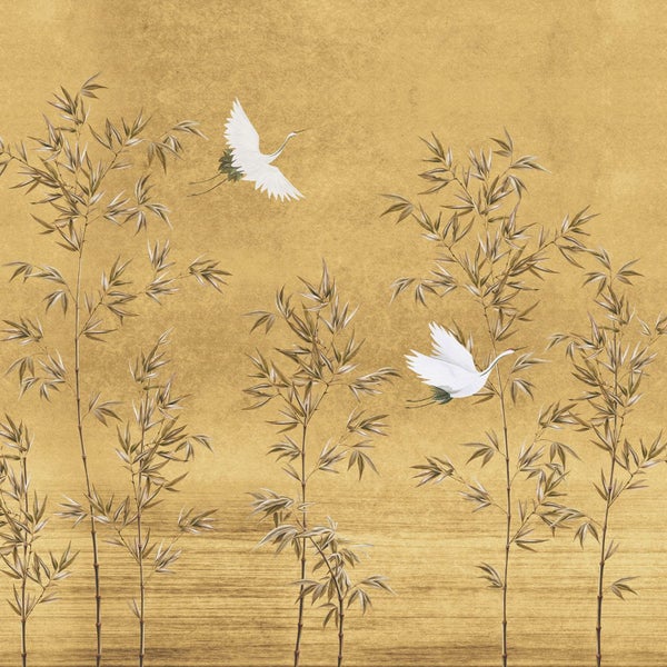 Tapete mit Bambus und Kranichen für Wandgestaltung