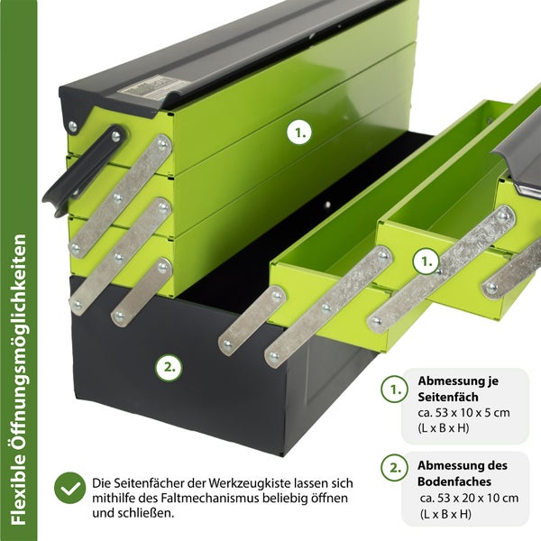 Ausklappbarer Werkzeugkasten aus Metall mit Faltmechanismus und mehreren Ablagefächern zur Werkzeugaufbewahrung.