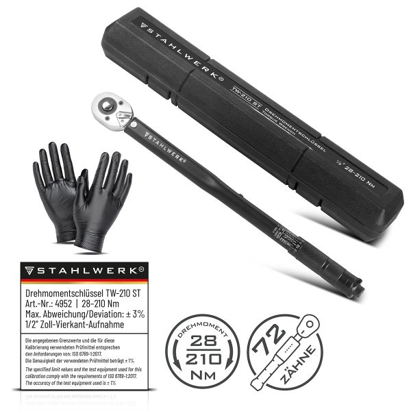 STAHLWERK Drehmomentschlüssel TW-210 ST mit Aufbewahrungsbox und Arbeitshandschuhen