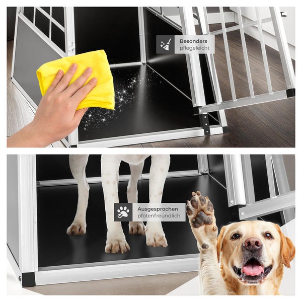 Pflegeleichte Hunde Transportbox aus Aluminium mit glatten Oberflächen und kratzfester Bodenplatte.