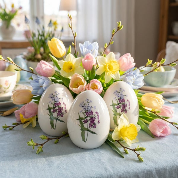 Drei dekorative Ostereier aus Keramik mit Blumenmotiv, arrangiert als Tischdekoration mit Frühlingsblumen wie Tulpen und Narzissen.