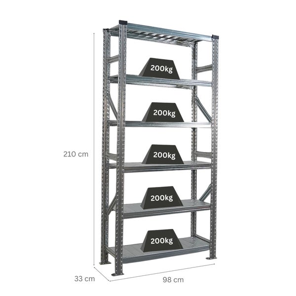 Metallregal mit fünf Regalböden und einer Traglast von 200 Kilogramm pro Boden