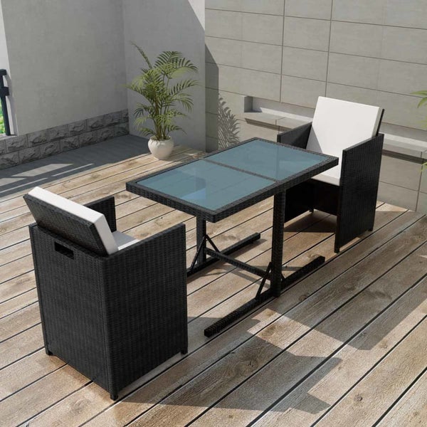 3-tlg. Bistro-Set mit Kissen Poly Rattan Schwarz