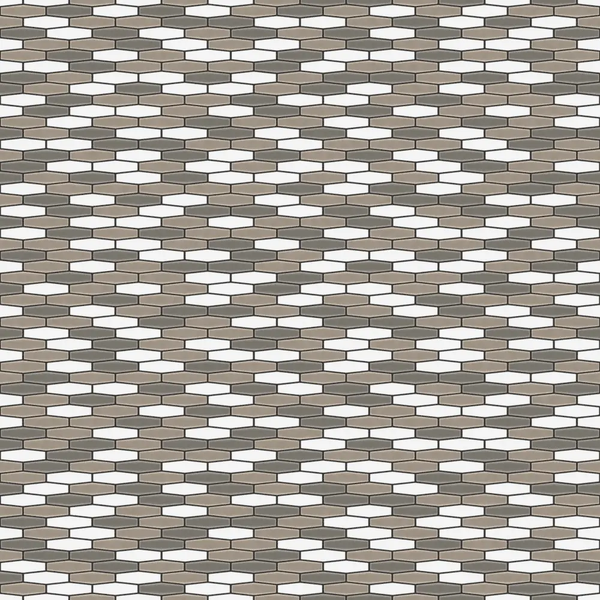 Mosaikfliesen in länglicher Sechseckform in verschiedenen Grau- und Beigetönen für Wand und Boden.