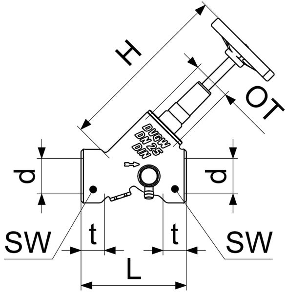 Technische Zeichnung eines Schrägsitzventils mit Nennweite 25 und Maßangaben für Höhe, Länge und Durchmesser.