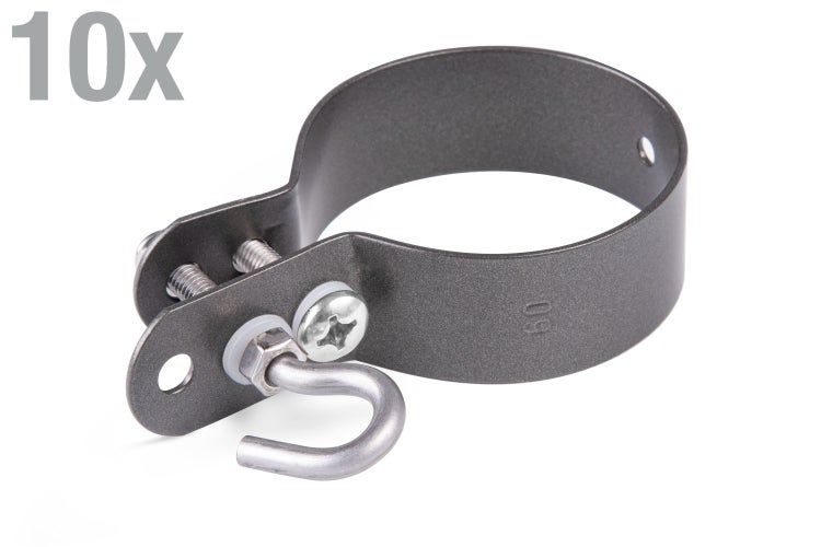 Zehn Stück Rohrhalter mit Haken aus Metall zur Montage von Rohren.