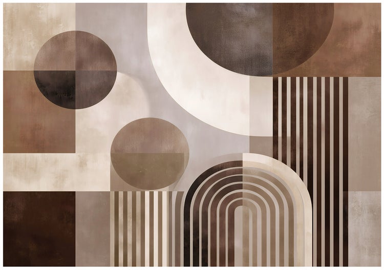 Abstraktes geometrisches Wandbild mit Kreisen, Quadraten und Streifen
