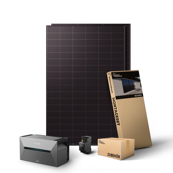 Balkonkraftwerk Set mit zwei Solarmodulen, Anker Solix Solarbank 2 Pro Speicher, Smart Meter, Montageset für die Wand und Zubehör.