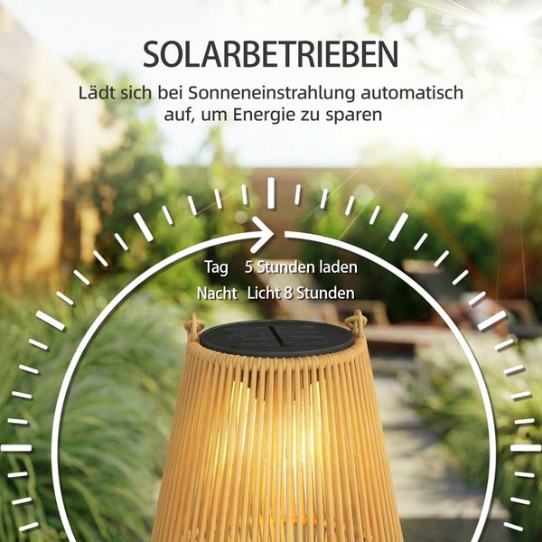 Solarbetriebene Gartenlaterne, lädt tagsüber automatisch 5 Stunden lang auf und leuchtet bei Nacht bis zu 8 Stunden.