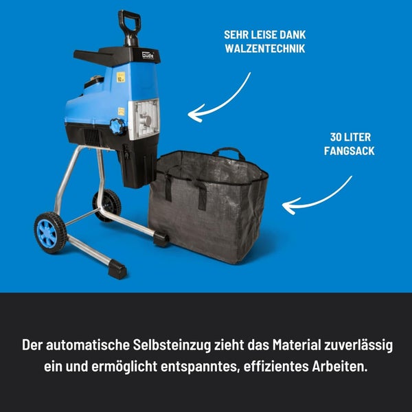 Güde Walzenhäcksler mit leisem Walzenlaufwerk, automatischem Selbsteinzug und einem 30 Liter fassenden Fangsack.