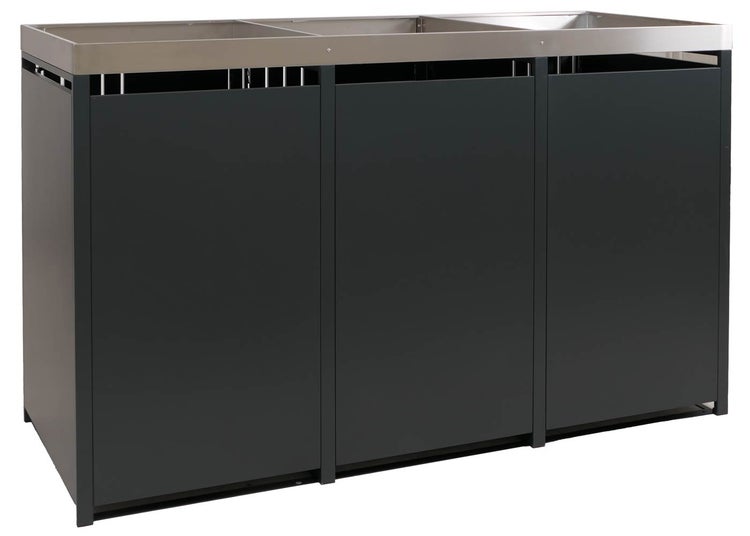 Mülltrennsystem für drei Mülltonnen mit Edelstahloberfläche