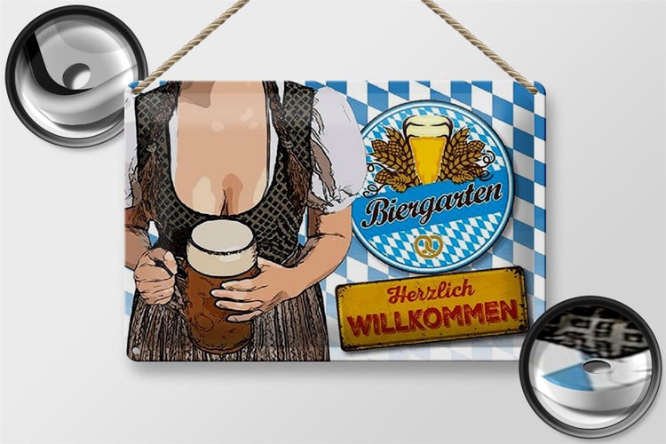 Blechschild Spruch 30x20cm Biergarten Willkommen Bayern