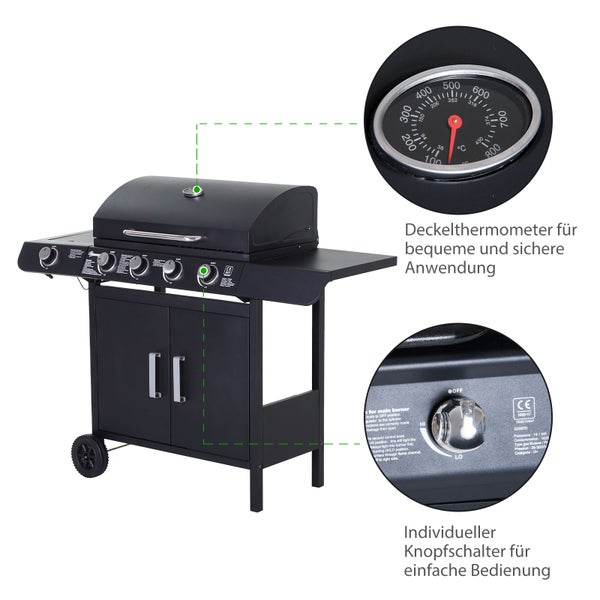 Outsunny Gasgrill, 125 x 51 x 100 cm, Stahl, Kunststoff, Schwarz
