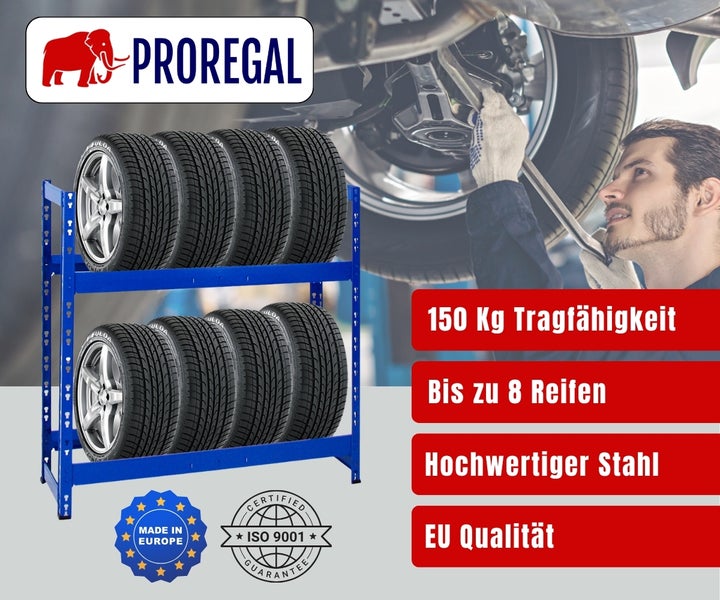 Proregal Reifenregal aus blauem Stahl für 8 Reifen, 150 Kilogramm Tragfähigkeit, hergestellt in Europa, ISO 9001 zertifiziert, Proregal Logo.