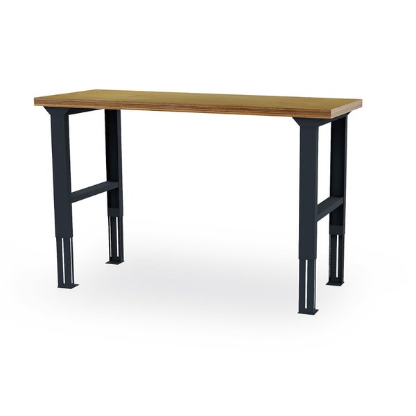 Höhenverstellbare Werkbank mit Holzplatte und schwarzen Metallbeinen.