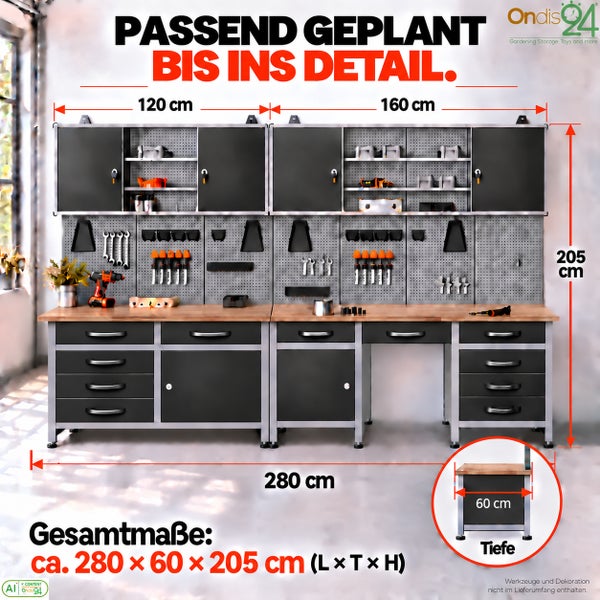 Modulares Werkbank Set mit Lochwand und Oberschränken, Maße 280 mal 60 mal 205 Zentimeter, Ondis 24 Logo.