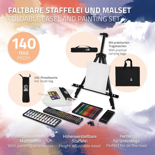 ECD Germany 140tlg XXL Malset mit Staffelei, Künstler Set Acryl & Zeichenset - Buntstifte, Leinwand, Pinselset, Wasserfarben, Pastellkreide, Aluminium Standstaffelei, Malerei Set mit Atelierstaffelei