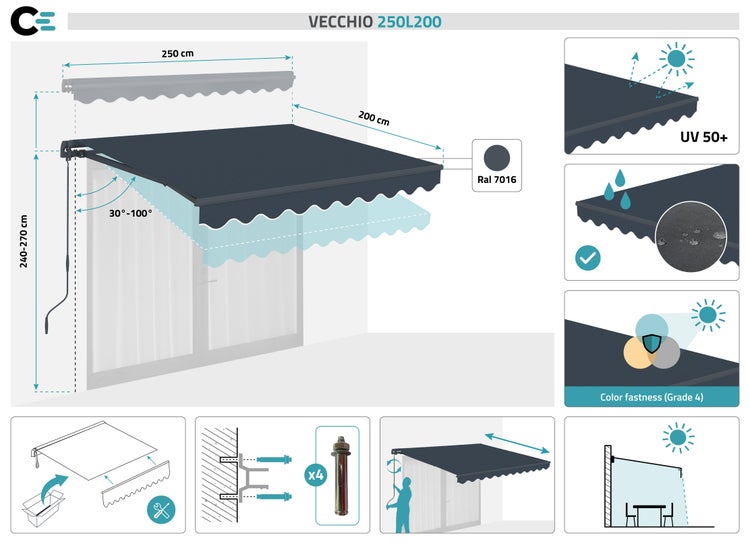 VECCHIO einteilige Markise 2,5 m x 2 m Grau - Premium-Canvas 320 g/m²