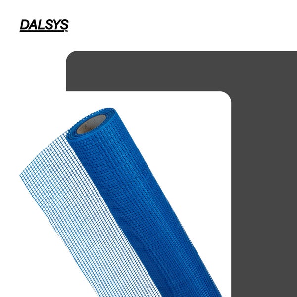 Dalsys Logo und eine Rolle blaues Armierungsgewebe für Putzarbeiten.