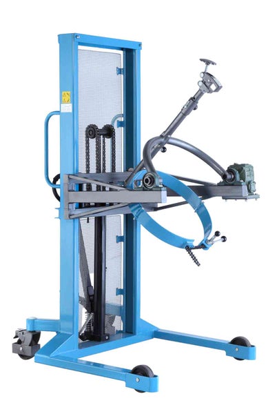 Hydraulischer Fasslifter und Fasswender aus blauem Stahl mit Rollen.