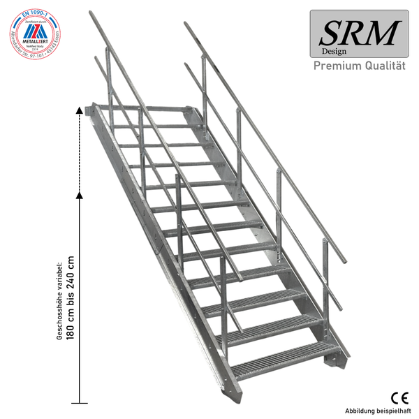 Stahltreppe mit Gitterroststufen und beidseitigem Geländer, Geschosshöhe variabel von 180 Zentimeter bis 240 Zentimeter.