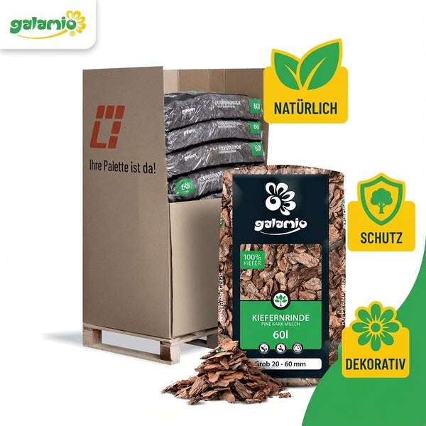 Galamio Kiefernrinde grob 20 bis 60 Millimeter, 60 Liter Säcke auf Palette. Natürlicher, dekorativer Schutz aus 100 Prozent Kiefer. Galamio Logo.