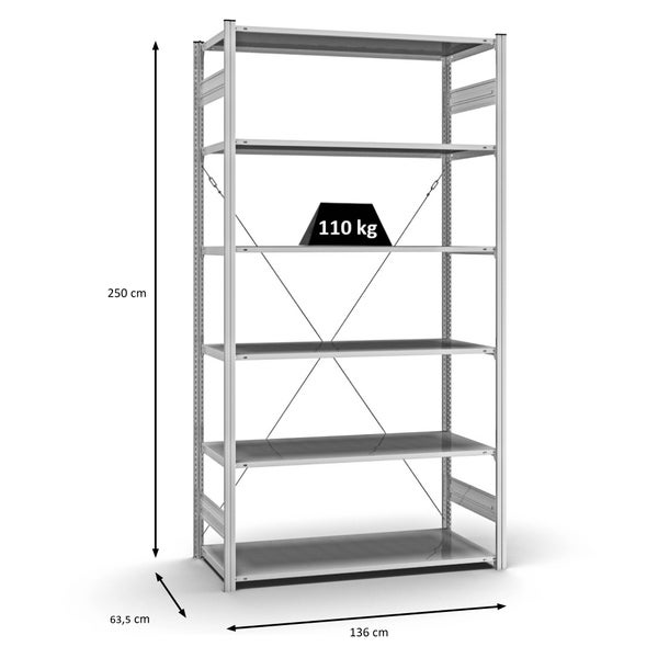 PROREGAL Profi Lagerregal Stecksystem T-Profil Grundregal HxBxT 250 x 130 x 60 cm Fachlast 110 kg Verzinkt